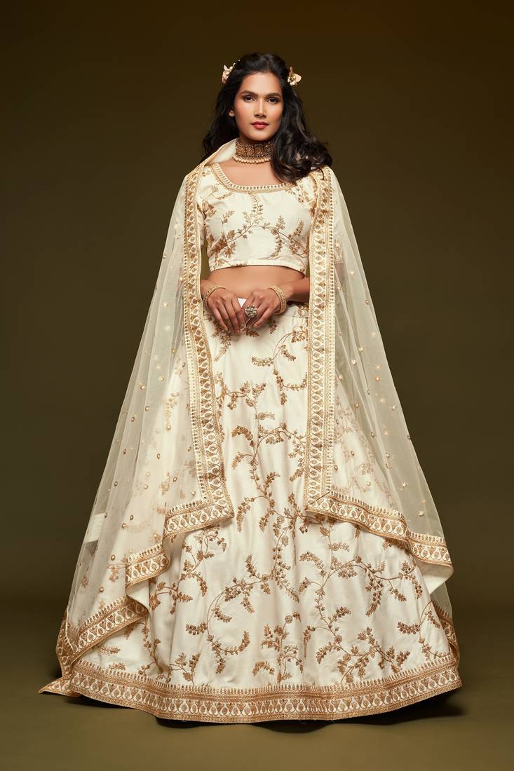 Graceful White Thread, Zari, Dori, and Sequins Embroidered Art Silk Semi Stitched Party wear Lehenga choli