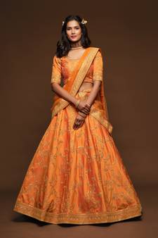 Orange Thread, Zari, Dori, and Sequins Embroidered Art Silk Semi Stitched Bridal Lehenga