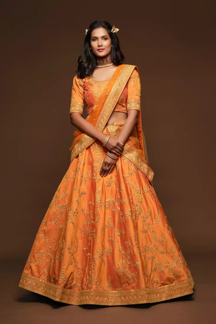 Orange Thread, Zari, Dori, and Sequins Embroidered Art Silk Semi Stitched Bridal Lehenga