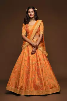 Orange Thread, Zari, Dori, and Sequins Embroidered Art Silk Semi Stitched Bridal Lehenga