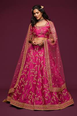 Hypnotizing Hot Pink Thread, Zari, Dori, and Sequins Embroidered Art Silk Lehenga 6