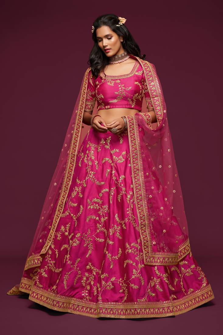 Hypnotizing Hot Pink Thread, Zari, Dori, and Sequins Embroidered Art Silk Lehenga