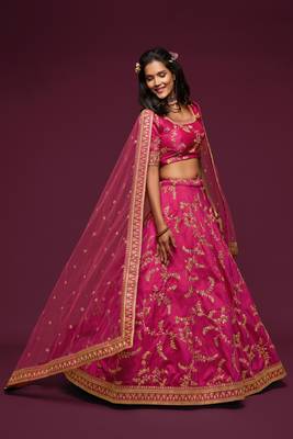 Hypnotizing Hot Pink Thread, Zari, Dori, and Sequins Embroidered Art Silk Lehenga 7