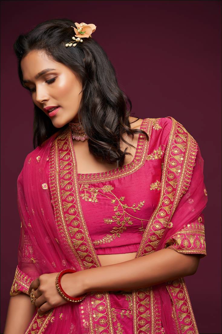 Hypnotizing Hot Pink Thread, Zari, Dori, and Sequins Embroidered Art Silk Lehenga