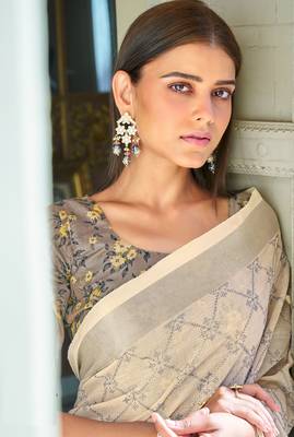 Cream embroidered linen saree with blouse 2