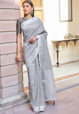Grey embroidered linen saree with blouse 1