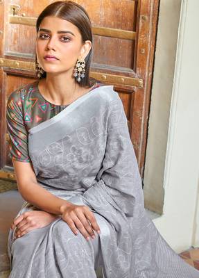 Grey embroidered linen saree with blouse 2
