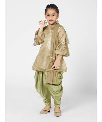 Adorable Khaki and Olive Patiyala Kurta for Girls with matching Dupatta 1