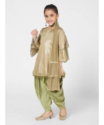 Adorable Khaki and Olive Patiyala Kurta for Girls with matching Dupatta 2