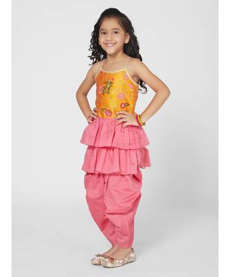 Trendy Yellow and Pink Dhoti Set with Dupatta for Girls 2