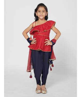 Chic Red and Navy Blue Dhoti Set with Dupatta for Girls 1