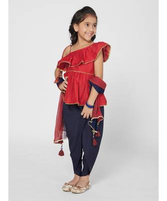 Chic Red and Navy Blue Dhoti Set with Dupatta for Girls 2