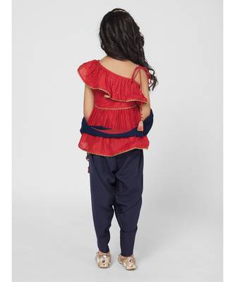 Chic Red and Navy Blue Dhoti Set with Dupatta for Girls 3