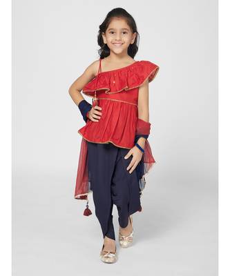 Chic Red and Navy Blue Dhoti Set with Dupatta for Girls 5