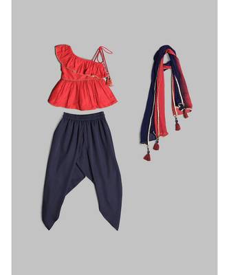 Chic Red and Navy Blue Dhoti Set with Dupatta for Girls 7
