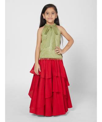 Gorgeous Olive and Red Lehenga Choli Party Set for Girls 1