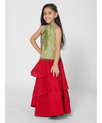 Gorgeous Olive and Red Lehenga Choli Party Set for Girls 2