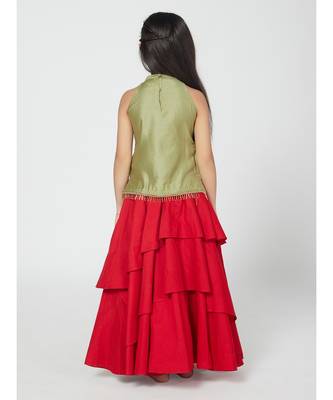 Gorgeous Olive and Red Lehenga Choli Party Set for Girls 3