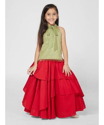 Gorgeous Olive and Red Lehenga Choli Party Set for Girls 5