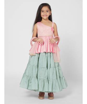 Trendy Pink and Green Lehenga Choli set with Dupatta for Girls 1