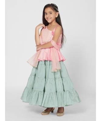 Trendy Pink and Green Lehenga Choli set with Dupatta for Girls 2