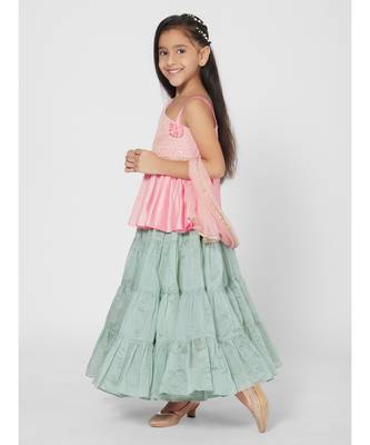 Trendy Pink and Green Lehenga Choli set with Dupatta for Girls 5