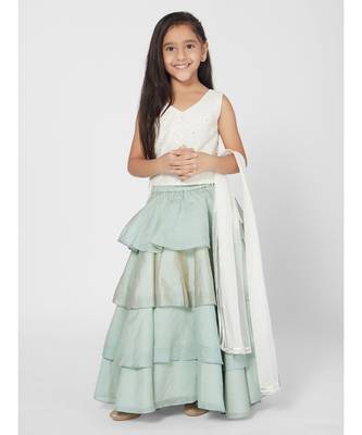 Stunning Girl White and Green Lehenga Choli Set with Dupatta 5