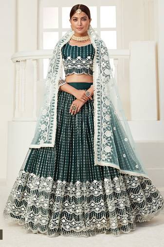 Dark-green embroidered net semi stitched lehenga