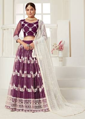 Wine embroidered net semi stitched lehenga 1