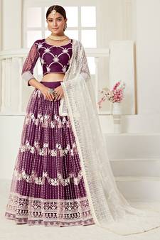 Wine embroidered net semi stitched lehenga