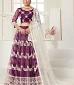 Wine embroidered net semi stitched lehenga