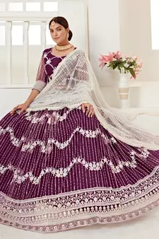 Wine embroidered net semi stitched lehenga