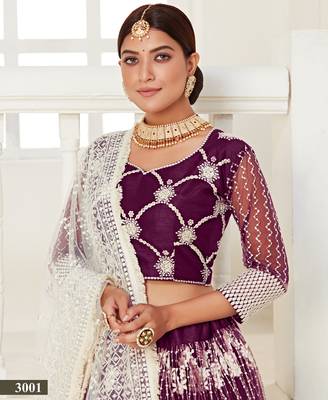 Wine embroidered net semi stitched lehenga 3
