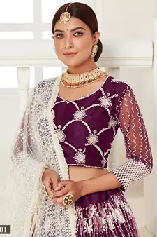 Wine embroidered net semi stitched lehenga
