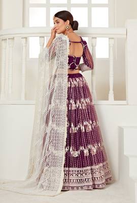 Wine embroidered net semi stitched lehenga 4