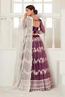 Wine embroidered net semi stitched lehenga