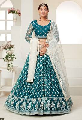 Teal  embroidered net semi stitched lehenga 1