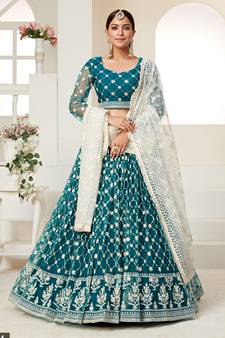 Teal  embroidered net semi stitched lehenga