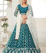 Teal  embroidered net semi stitched lehenga