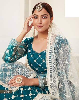Teal  embroidered net semi stitched lehenga 2