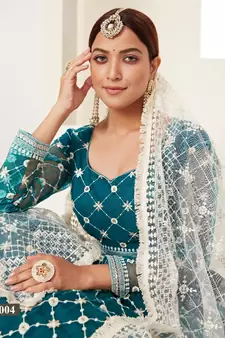 Teal  embroidered net semi stitched lehenga
