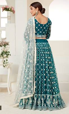 Teal  embroidered net semi stitched lehenga 4
