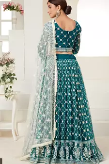 Teal  embroidered net semi stitched lehenga