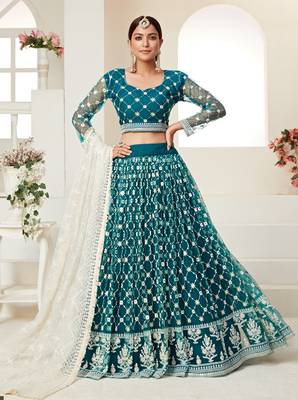 Teal  embroidered net semi stitched lehenga 5