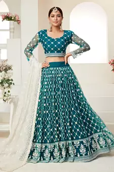 Teal  embroidered net semi stitched lehenga