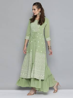 Kvsfab olive green  color Georgatte Embroidery with Sequins Work Party Wear KURTI 5