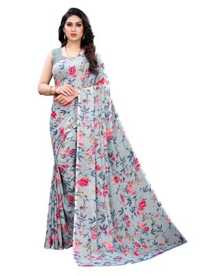   grey printed georgette saree with blouse 1