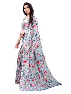   grey printed georgette saree with blouse 2