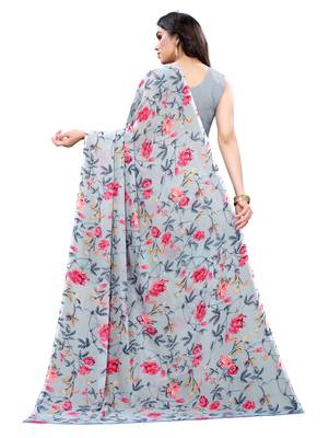   grey printed georgette saree with blouse 3