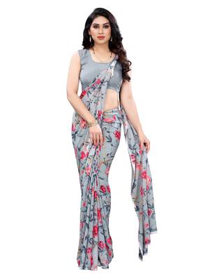   grey printed georgette saree with blouse 4